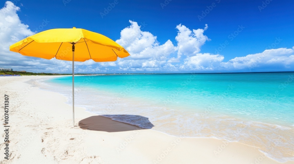 Sunny beach with a yellow umbrella by the water. Sunny beach with a yellow umbrella by the water.