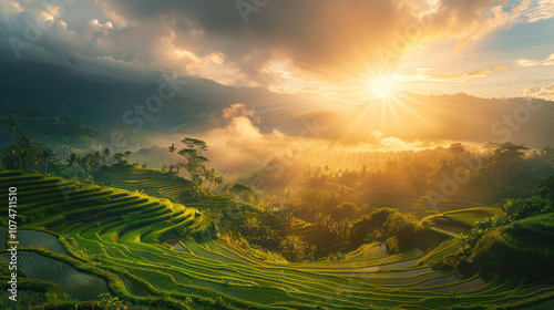 morning sun over the rice terraces in the far east