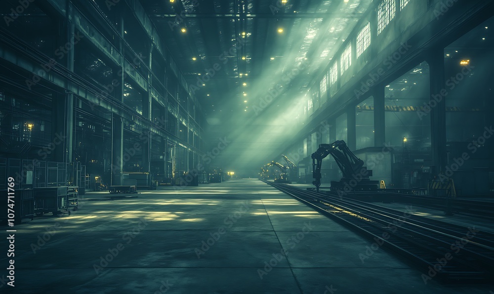 A vast, dimly lit industrial space illuminated by beams of light, showcasing machinery and an empty floor, evoking a sense of solitude and mystery.
