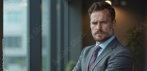 Businessman with serious expression contemplating in modern office against window