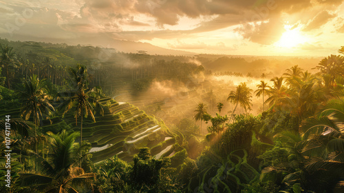 morning sun over the rice terraces in the far east