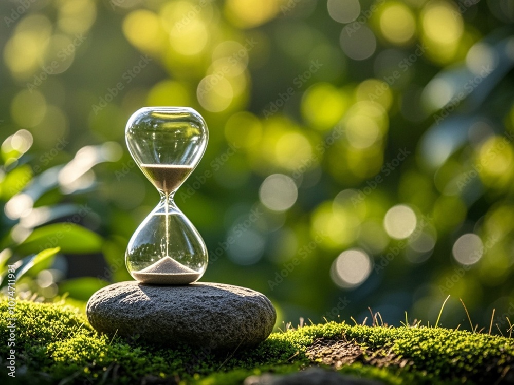 Close up hourglass on stone with green bokeh out of focus background from nature forest.