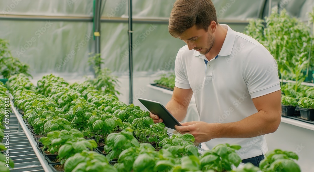 Male agricultural worker using a tablet to inspect leafy greens in a greenhouse. This image highlights technology-driven agriculture, sustainable practices, and precision farming. Male agricultural worker using a tablet to inspect leafy greens in a greenhouse. This image highlights technology-driven agriculture, sustainable practices, and precision farming.