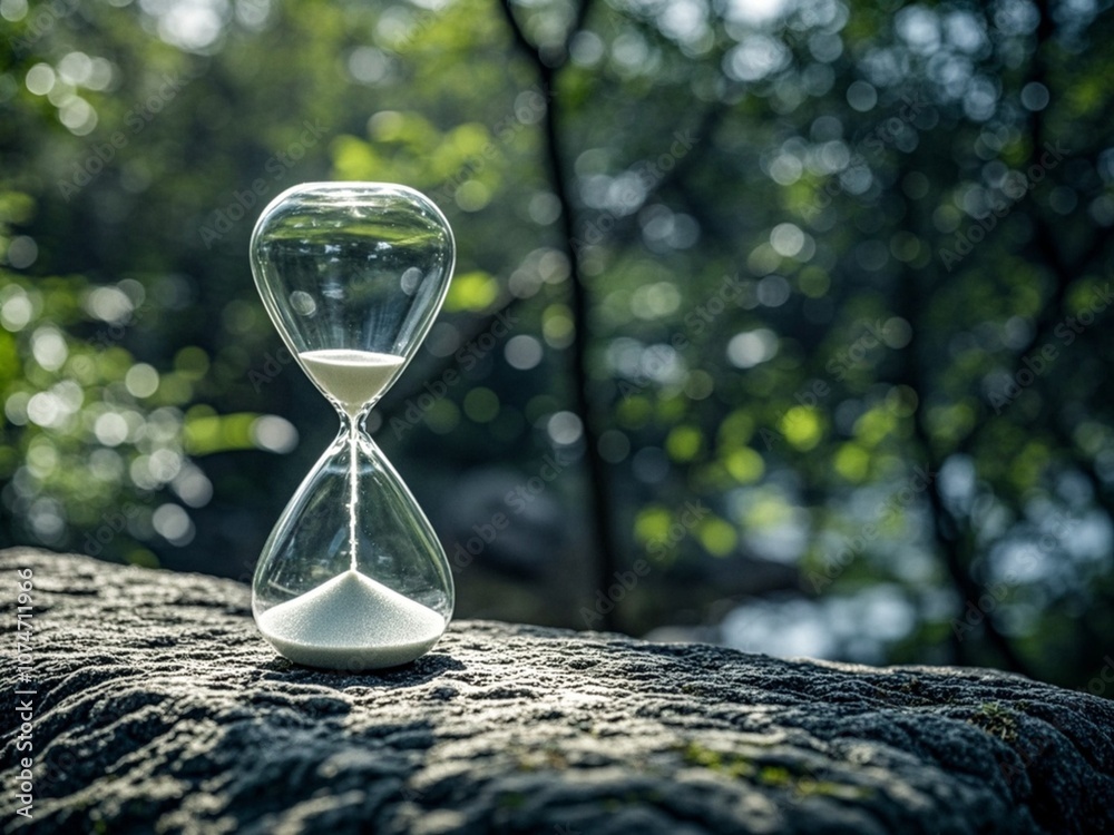 Close up hourglass on stone with green bokeh out of focus background from nature forest.