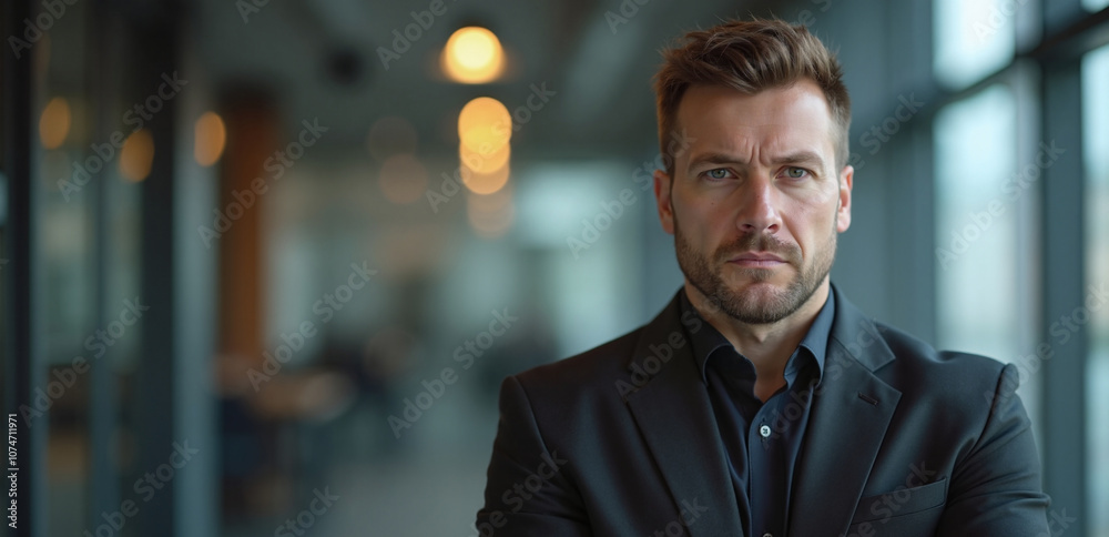 Serious businessman with determined expression standing in modern office hallway Serious businessman with determined expression standing in modern office hallway