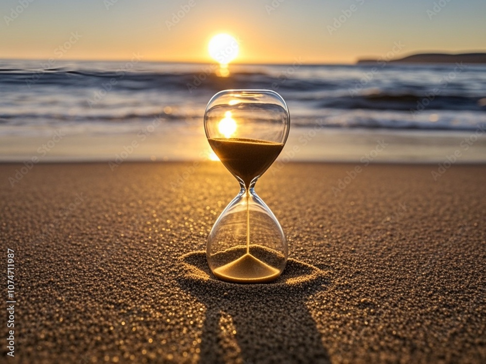 Hourglass on the beach in the sunset time. The concept about countdown to Summer, Travel, Vacation and Relaxation.
