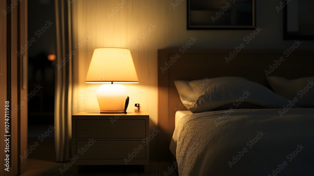 86. A chic, modern bedroom with soft light and an empty nightstand for showcasing a product 86. A chic, modern bedroom with soft light and an empty nightstand for showcasing a product