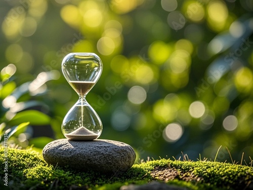 Obraz na płótnie Close up hourglass on stone with green bokeh out of focus background from nature forest. w salonie