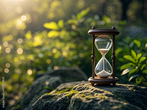 Obraz na płótnie Close up hourglass on stone with green bokeh out of focus background from nature forest. w salonie