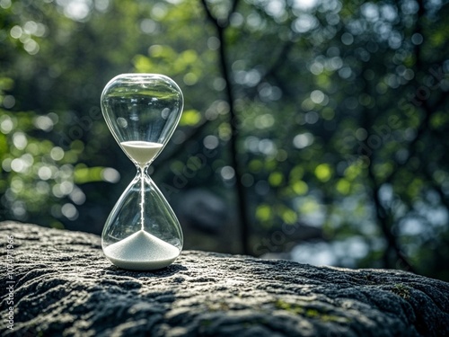 Obraz na płótnie Close up hourglass on stone with green bokeh out of focus background from nature forest. w salonie