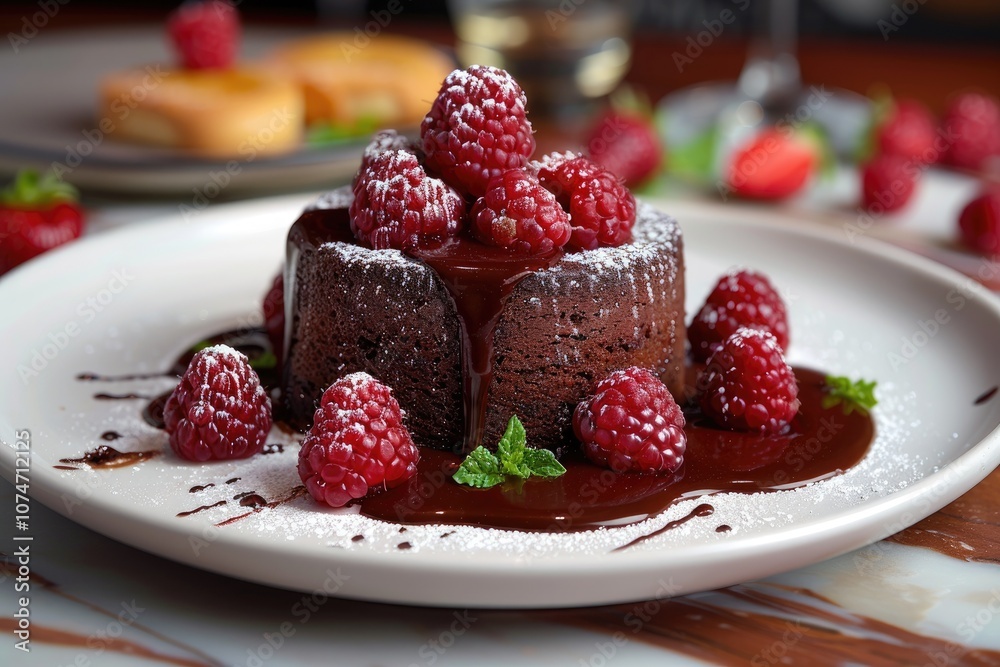 Chocolate Lava Cake with Raspberries and Chocolate Sauce