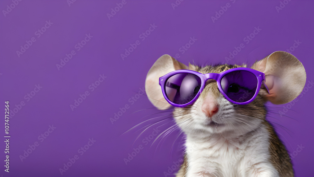 Cute little mouse with purple sunglasses on color background, closeup Cute little mouse with purple sunglasses on color background, closeup