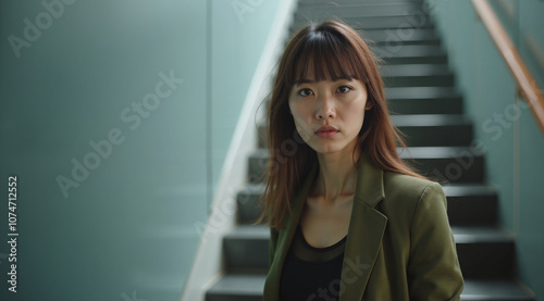 Young Asian woman with serious expression standing against staircase background