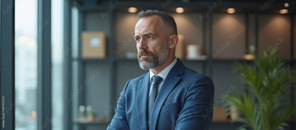 Naklejka premium Mature businessman with serious expression contemplating in modern office