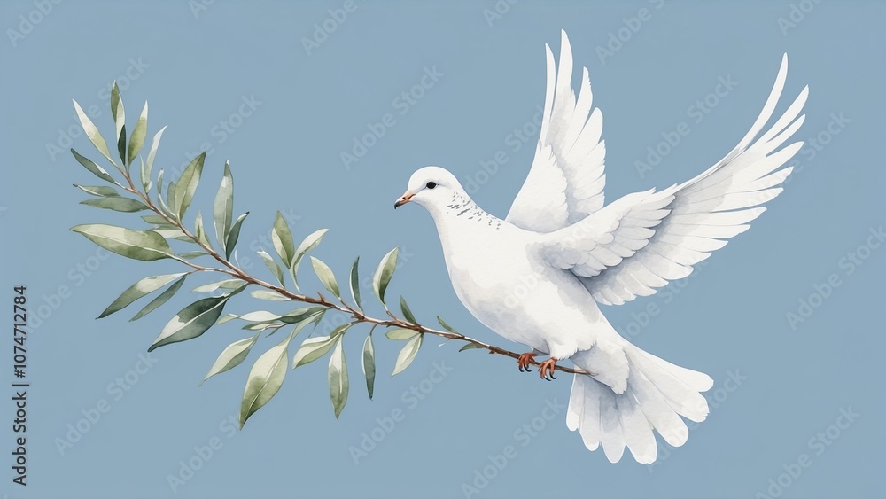 Fototapeta premium White dove flying with an olive branch on a light blue background