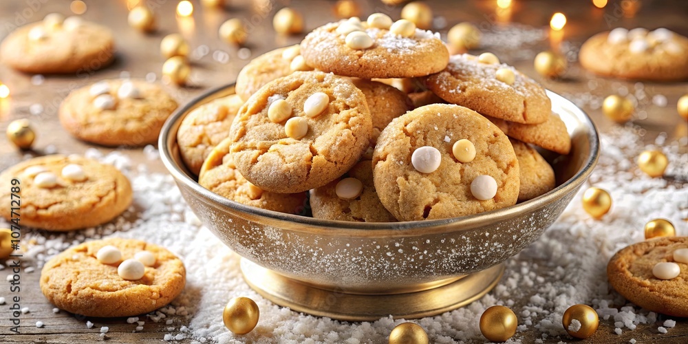 Golden Bowl Overflowing with Delicious White Chocolate Chip Cookies, Decorated with Powdered Sugar and Scattered with Sparkling Gold Balls