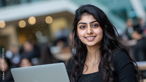 Young Woman with Long Black Hair Smiling While Working on Laptop in a Modern Office Environment, Showcasing Professionalism and Collaboration