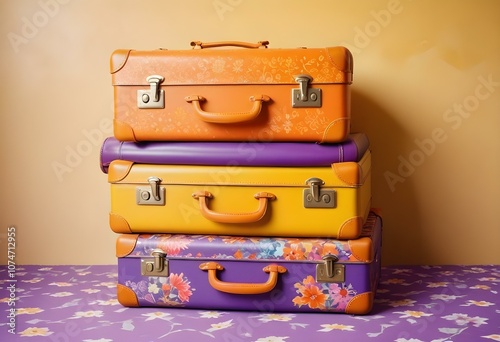 Three colorful suitcases on wheels against a bright yellow,white,purple background for train airporte treveling turkey treveling photo