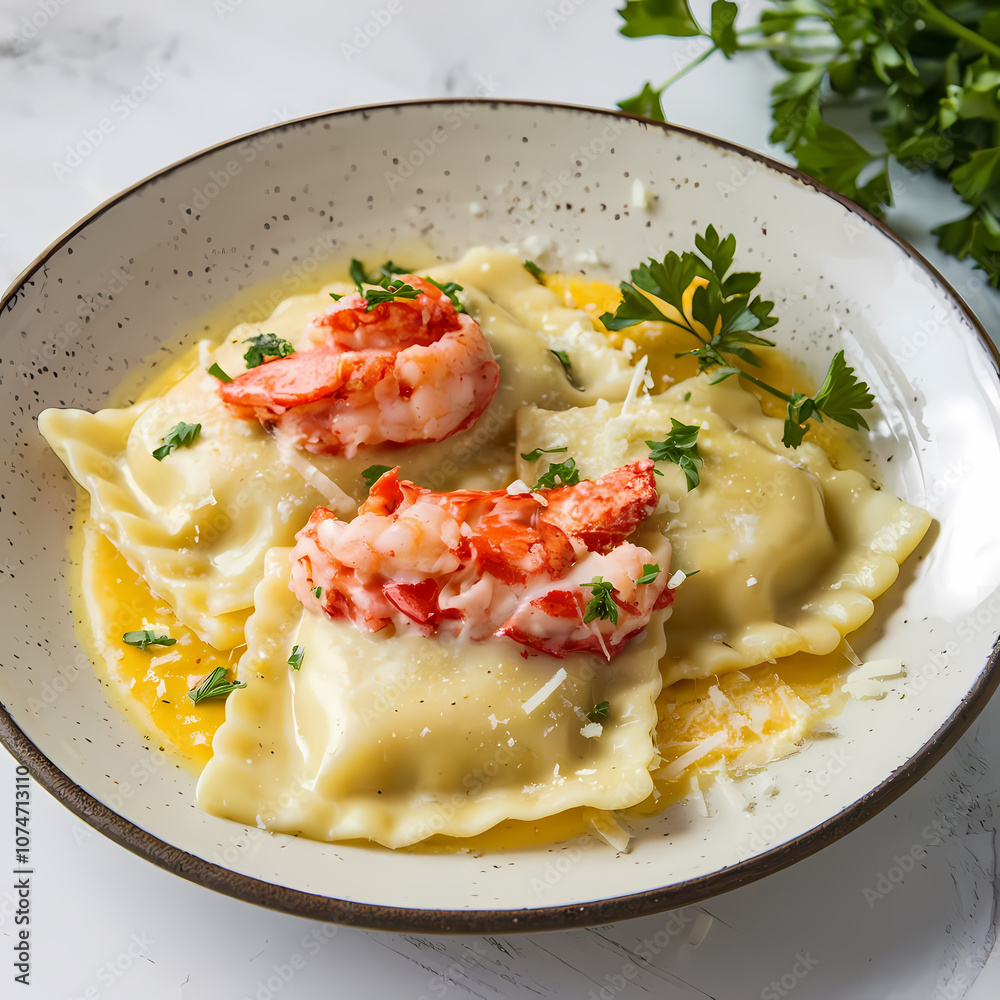 Delicious lobster ravioli topped with shrimp and garnished with parsley, served in a creamy sauce on a stylish plate. Delicious lobster ravioli topped with shrimp and garnished with parsley, served in a creamy sauce on a stylish plate.