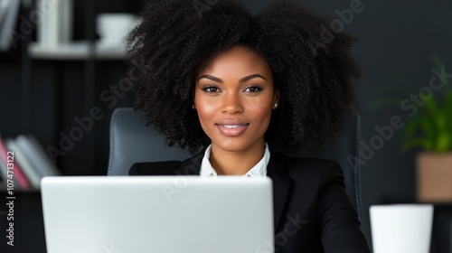 Professional Young Woman with Natural Hair Smiling at Laptop in Modern Office Setting, Representing Confidence and Work-Life Balance in Corporate Environment photo