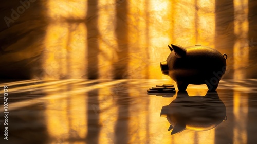 A closeup of a piggy bank partially filled with coins, showing the first steps of saving, copy space, moneysaving theme, whimsical, silhouette, marble table background photo