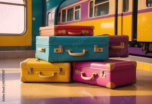 Three colorful suitcases on wheels against a bright yellow,white,purple background for train airporte treveling turkey treveling photo