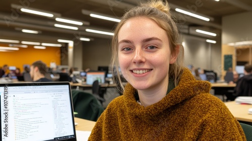 Young woman smiling in a cozy sweater indoors, studying in a modern library environment with laptops and students engaged in learning activities around her. photo