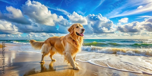 A playful Golden Retriever explores the tranquil coast, joyfully splashing in waves and playing on the sandy shore, creating unforgettable memories during a delightful seaside adventure.