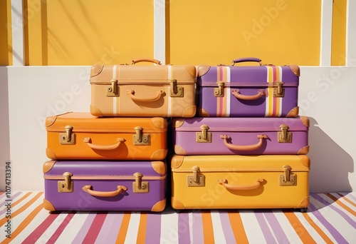 Three colorful suitcases on wheels against a bright yellow,white,purple background for train airporte treveling turkey treveling photo