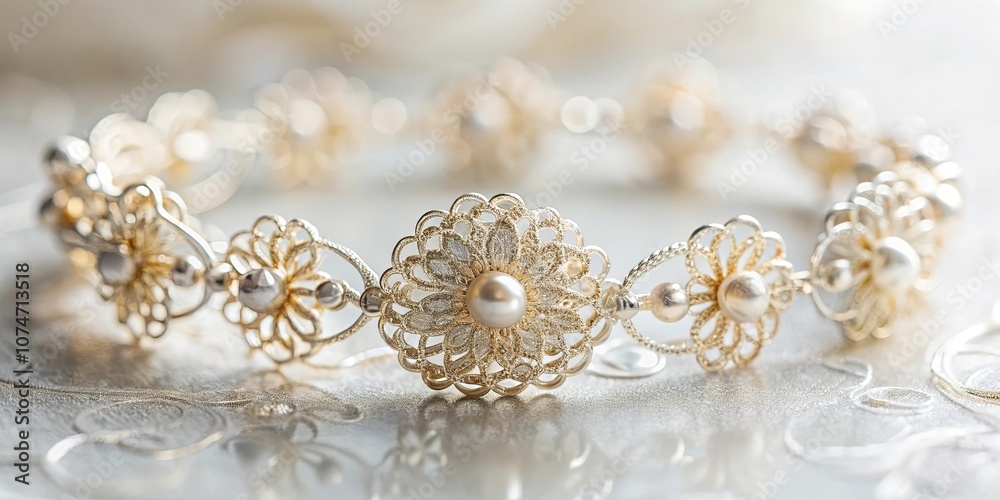 A delicate gold bracelet with floral filigree and pearl accents, shimmering on a soft white backdrop A delicate gold bracelet with floral filigree and pearl accents, shimmering on a soft white backdrop