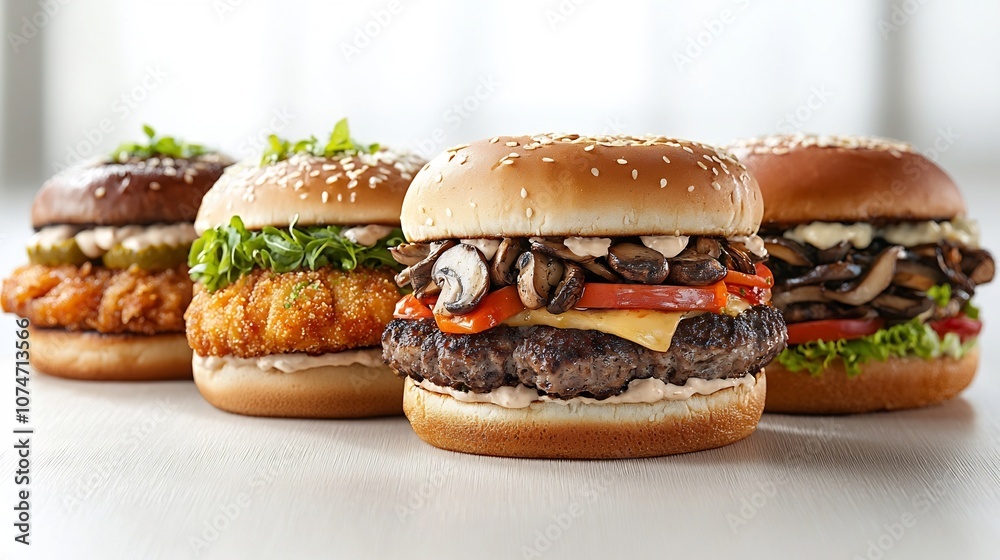 A diverse selection of mouthwatering burgers including classic beef crispy fish and vegetarian mushroom based options artfully arranged in a row to showcase the variety of textures colors and flavors