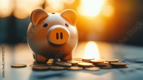 A closeup of a piggy bank partially filled with coins, showing the first steps of saving, copy space, moneysaving theme, whimsical, silhouette, marble table background photo