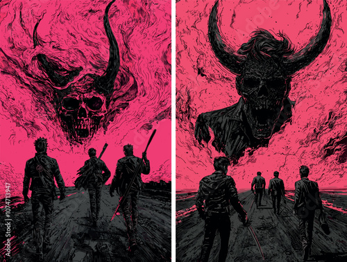 Horror movie posters color ink sketch vector concepts. Back view mans group with weapons walking characters, attack pink smoke fog horned skull ancient demon, comic manga style illustrations