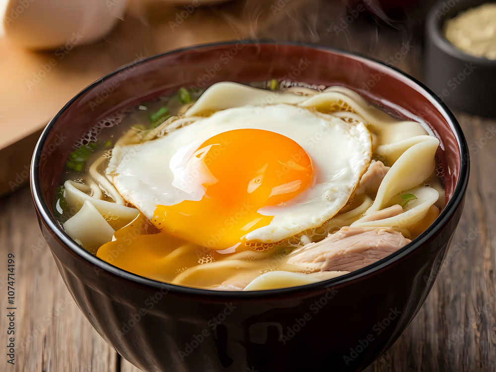 Delicious bowl of noodle soup with tender chicken, topped with a perfectly cooked fried egg, and garnished with fresh herbs, served in a rustic wooden setting. Delicious bowl of noodle soup with tender chicken, topped with a perfectly cooked fried egg, and garnished with fresh herbs, served in a rustic wooden setting.