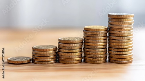 Stacked coins forming a staircase, showing the slow climb towards wealth, copy space, longterm savings theme, whimsical, overlay, kitchen counter backdrop photo