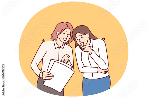 Women colleagues laugh at joke or funny story and share intimate gossip about company employees. Business women laugh when see stupid mistake in paper report made by inexperienced employee.