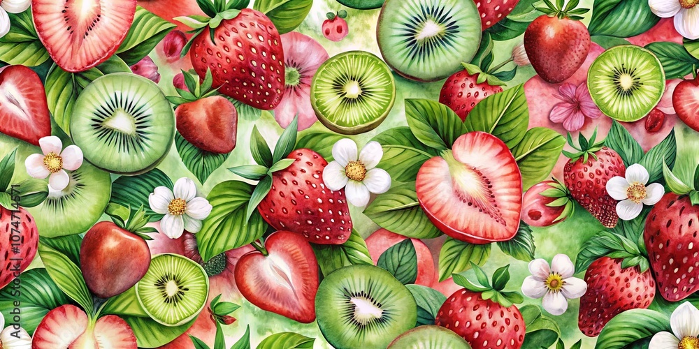 A Watercolor Illustration of a Seamless Pattern Featuring Vibrant Red Strawberries and Sliced Kiwi Fruit Against a Lush Green Foliage Background