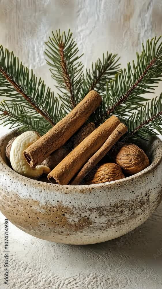 Cinnamon sticks, walnuts, and pine needles sit in a ceramic bowl