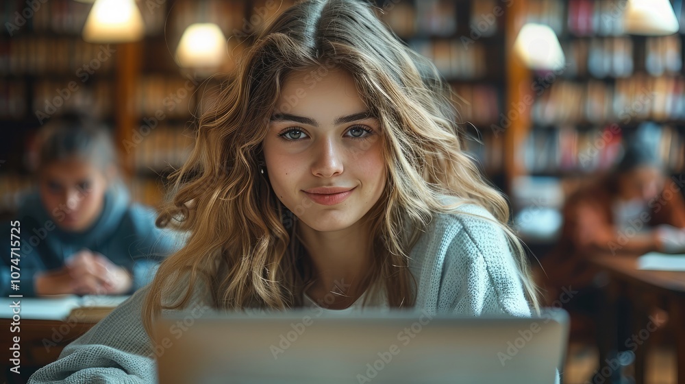 Young students study in the school library, female student sitting in front of laptop. Young students study in the school library, female student sitting in front of laptop.