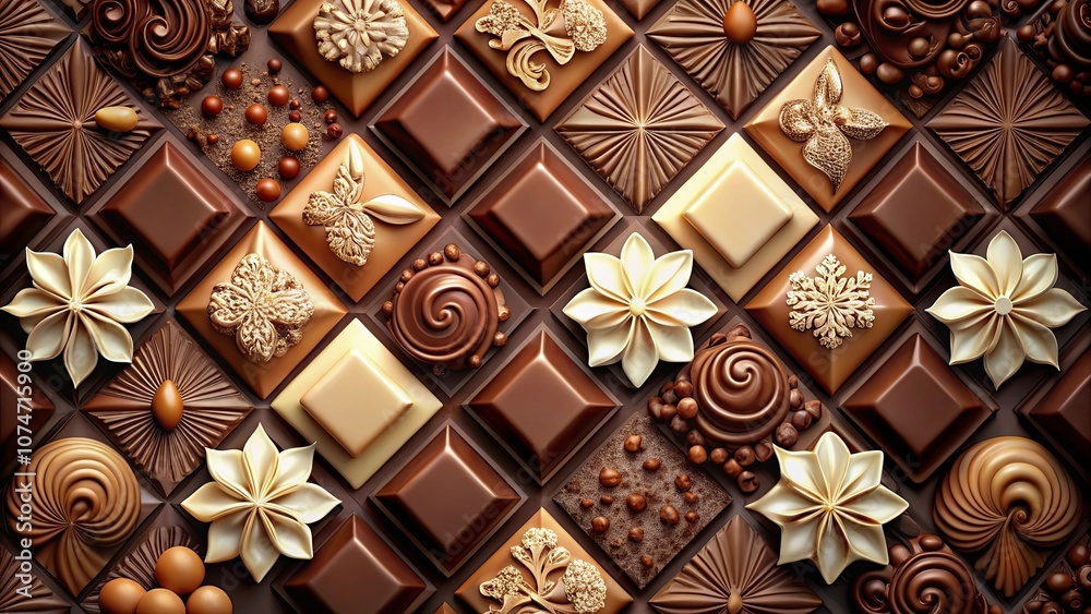 An Artisanal Chocolate Mosaic Rich Dark and Milk Chocolate Squares with Whimsical Swirls, Flowers, and Delicate Gold Embellishments An Artisanal Chocolate Mosaic Rich Dark and Milk Chocolate Squares with Whimsical Swirls, Flowers, and Delicate Gold Embellishments