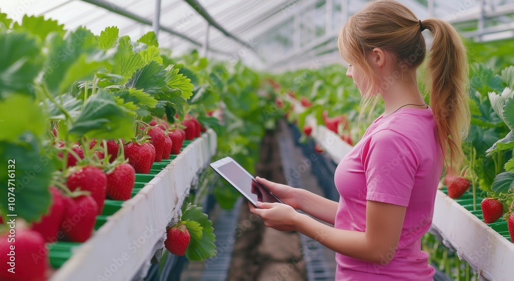 Fototapeta premium Young female worker with a tablet inspecting strawberries in a greenhouse, showcasing technology’s role in precision farming and enhanced produce quality.