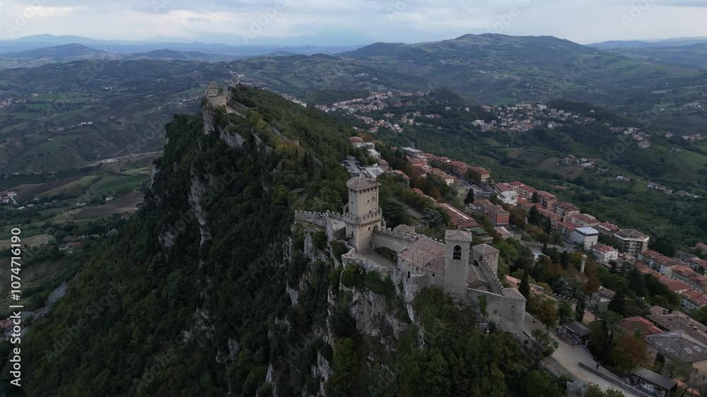 San Marino group of fortress located on the three peaks of Monte Titano in the capital of republic San Marino in Italy micro state drone aerial San Marino group of fortress located on the three peaks of Monte Titano in the capital of republic San Marino in Italy micro state drone aerial