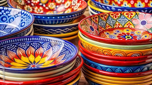 A vibrant and colorful collection of hand-painted ceramic bowls, showcasing a rich tapestry of intricate floral designs in shades of blue, red, yellow, and green, arranged in a harmonious display.