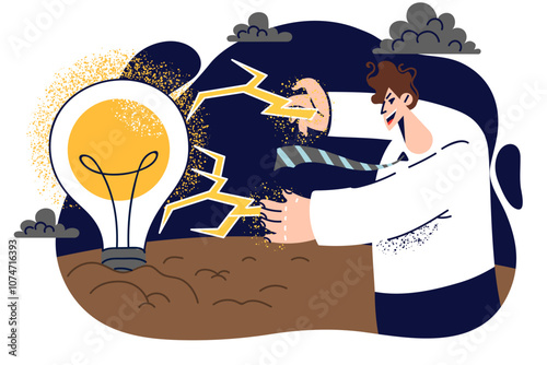 Business man uses magic to get new ideas, shoots lightning from hands, standing near light bulb