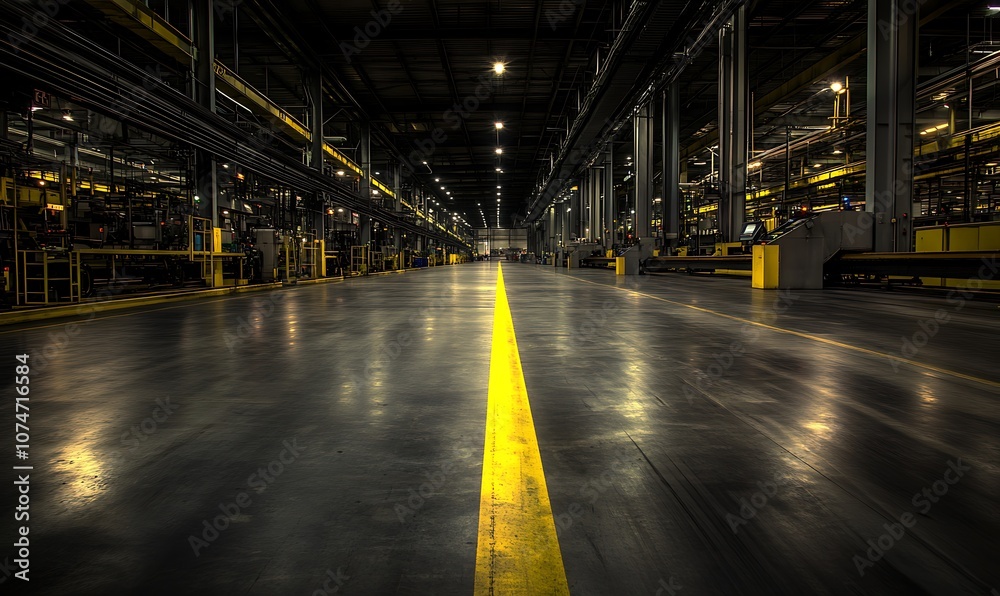 A vast, dimly-lit industrial space with a reflective floor and a yellow line marking the center. A vast, dimly-lit industrial space with a reflective floor and a yellow line marking the center.