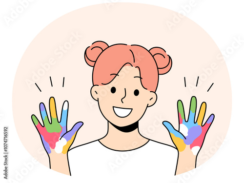 Little artist girl shows colorful palms painted with watercolors, offering to painting together. Schoolgirl who loves painting and creativity, dreams of creating masterpiece or working in field of art