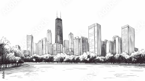 Black and white detailed sketch of a city with skyscrapers surrounded by a park with trees.