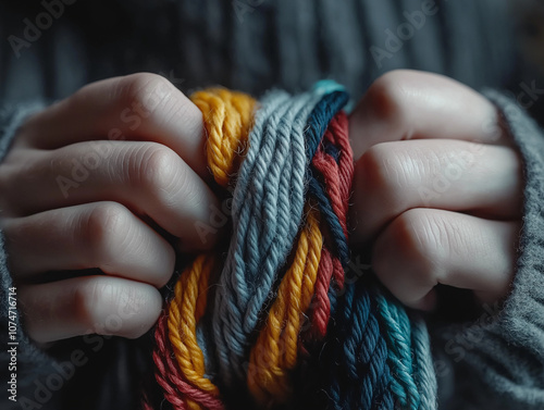 Hands knitting a colorful scarf with wool photo