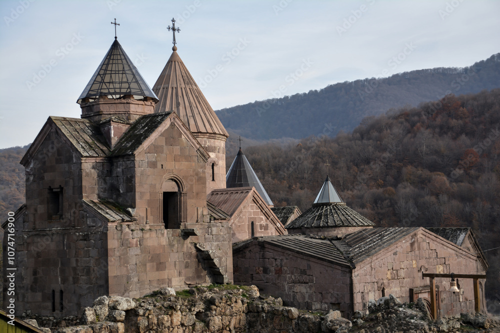 Fototapeta premium Old church in the forest. Temple in the fog. Old Armenian monastery Goshavank. Church print set. Monastery wall art