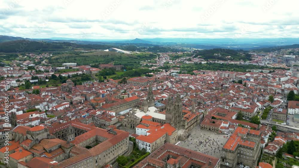 Panoramic aerial view of Santiago de Compostela city. View of famous Cathedral of Santiago. The cathedral is the reputed burial place of Saint James the Great, one of the apostles of Jesus Christ. Panoramic aerial view of Santiago de Compostela city. View of famous Cathedral of Santiago. The cathedral is the reputed burial place of Saint James the Great, one of the apostles of Jesus Christ.